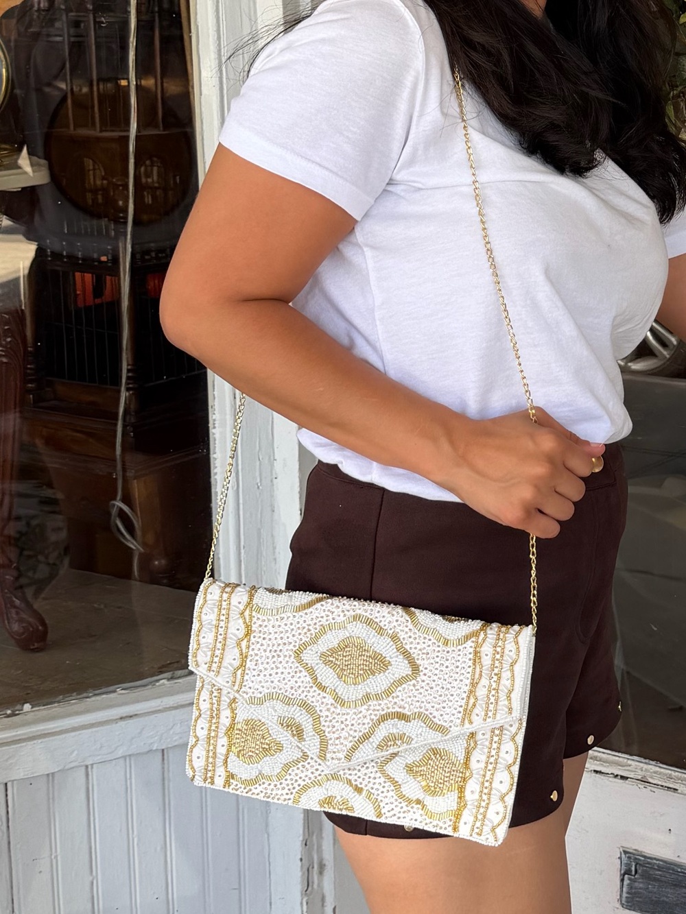 White & Gold Hand Beaded Envelope Clutch Crossbody Bag - Picture 3 of 13